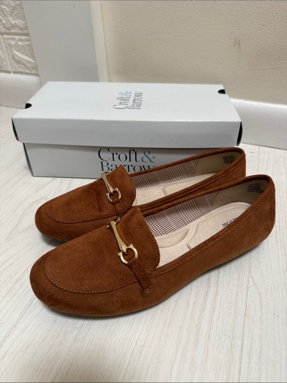 Croft& Barrow Chestnut FrenchHorn Faux Suede Loafers with Gold Bit & Box